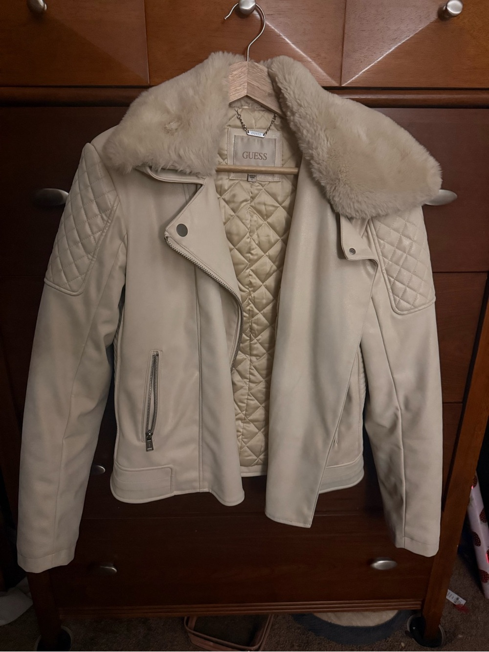 GUESS Cream Faux-Shearling Collar Moto Jacket